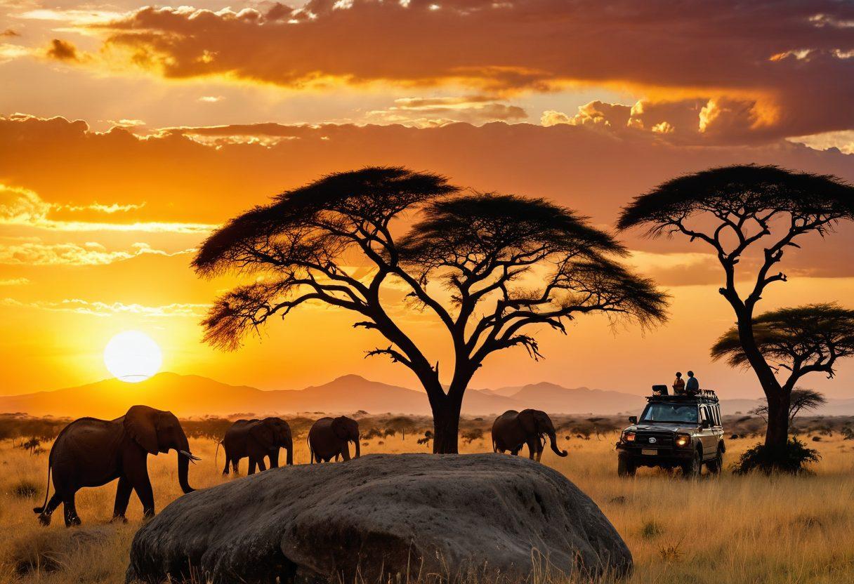 A breathtaking view of the Serengeti with a diverse array of wildlife, including elephants and lions under a vibrant sunset sky. In the foreground, a blogger with a camera, capturing the beauty around them, sits on a rock. Lush greenery and acacia trees frame the scene, enhancing the sense of adventure and exploration. The atmosphere is lively and inviting, showcasing the connection between blogging and nature experiences. super-realistic. vibrant colors. scenic background.