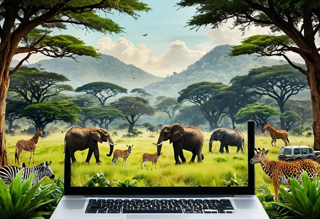 A captivating blend of a safari landscape with lush greenery and wild animals transitioning into a digital screen displaying a vibrant blog layout showcasing nature photography and text. The scene should illustrate the connection between the wild and the digital world, with elements like camera gear, wildlife, and a laptop. Incorporate bright colors for an engaging visual experience. super-realistic. vibrant colors. layered textures.