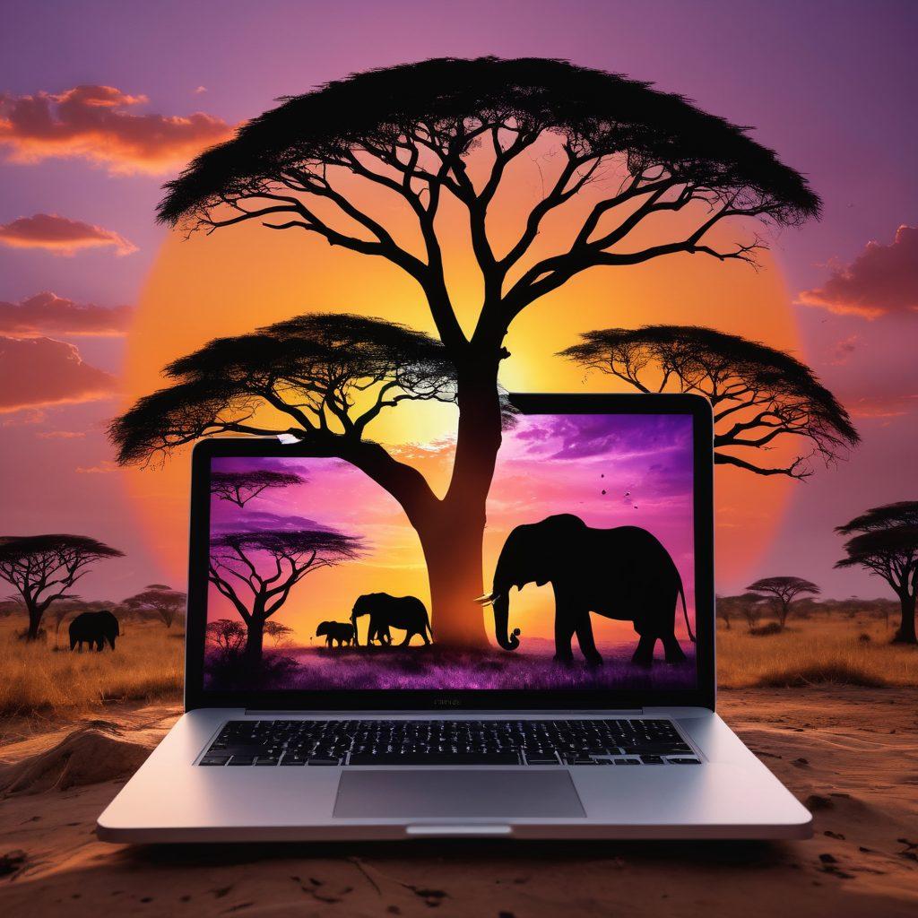 A captivating scene of a vibrant Serengeti landscape featuring wildlife like elephants and lions, intertwined with digital elements like glowing blog posts and social media icons drifting in the air. The sky is a brilliant sunset with hues of orange and purple, symbolizing the blending of nature and technology. Incorporate a silhouette of a blogger immersed in writing on a laptop under a Baobab tree. super-realistic. vibrant colors. dreamy atmosphere.